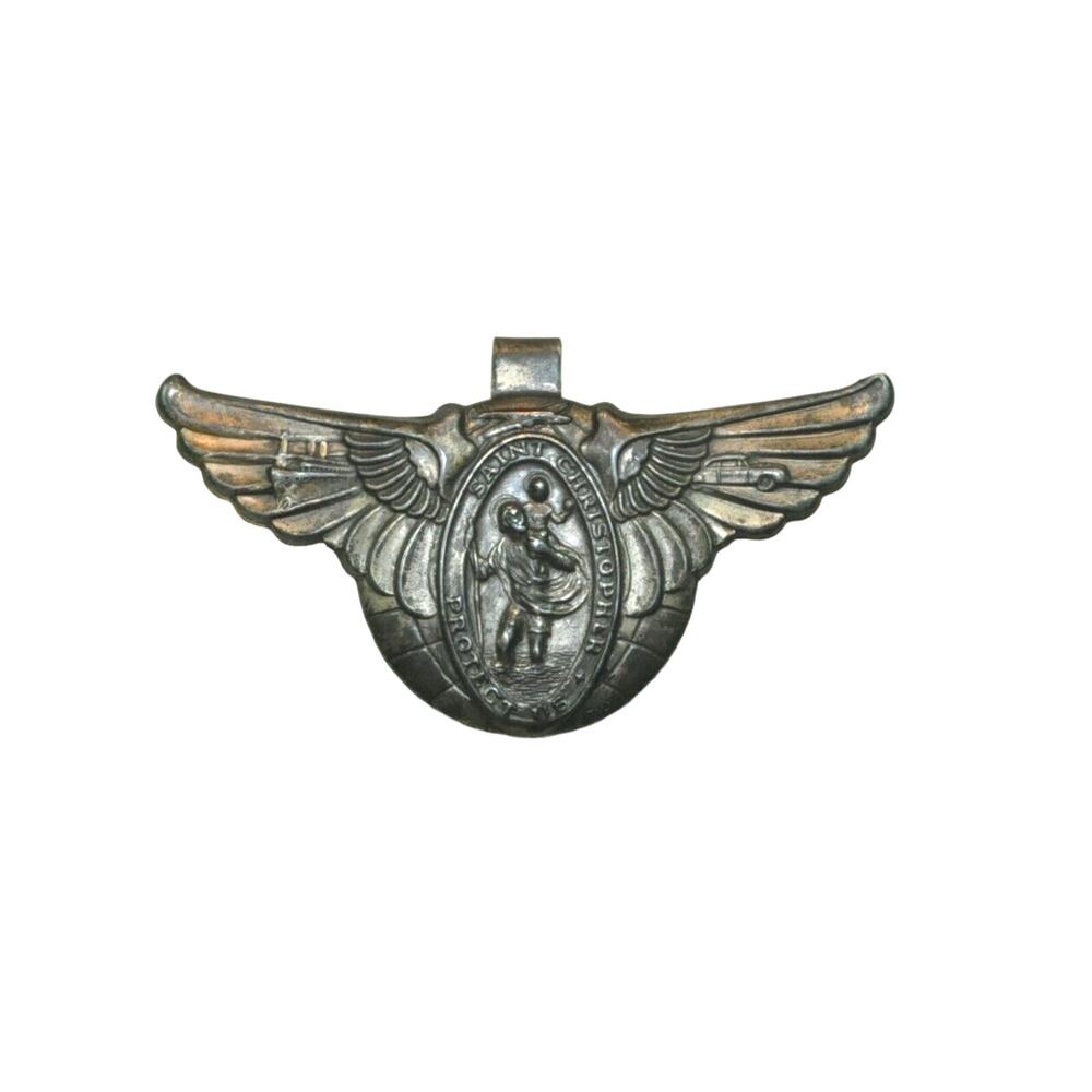 Vintage Saint Christopher Protect US Metal Visor Lapel Clip 3" wide x 1.75" high